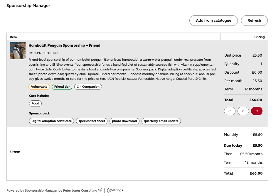 Sponsorship Manager, a custom HubSpot app card managing line items on a deal record