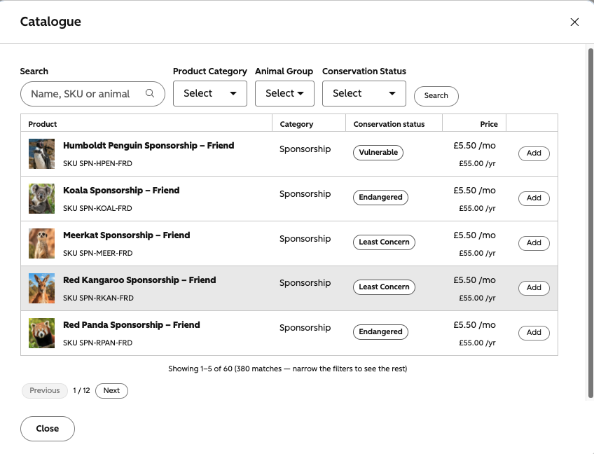Product catalogue pop-out for adding sponsorships to the deal